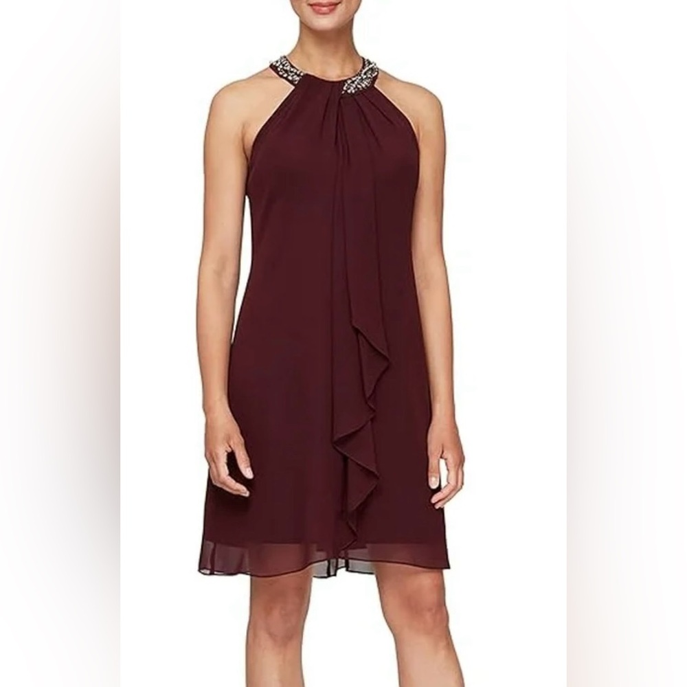 SLNY Burgundy Halter High Low Dress